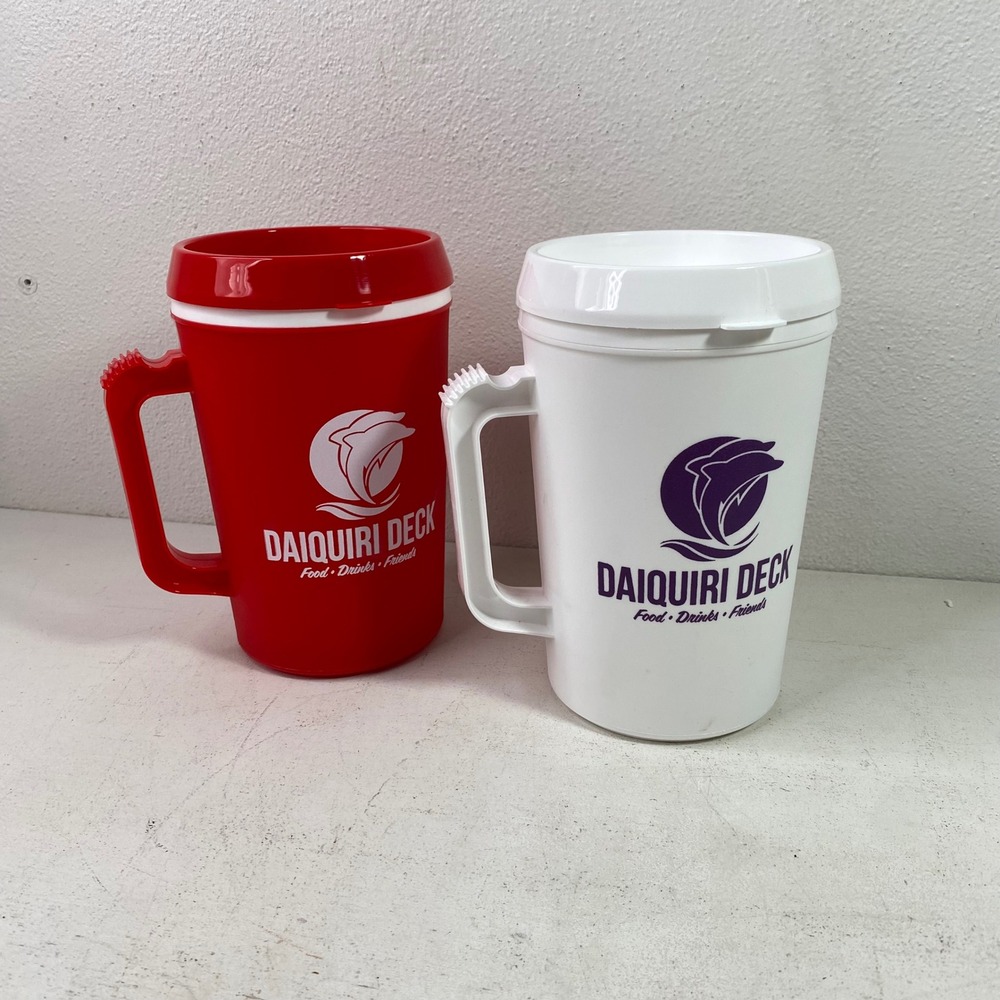 Daiquiri Deck Beach Keg Insulated Mug Set 34oz Red White Plastic Travel Cups